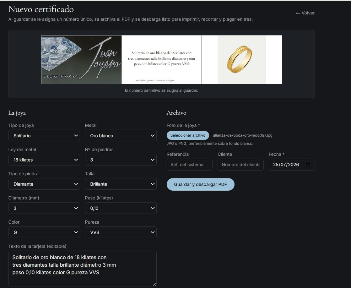 Editor de certificados: formulario con las opciones del sector y vista previa fiel de la tarjeta