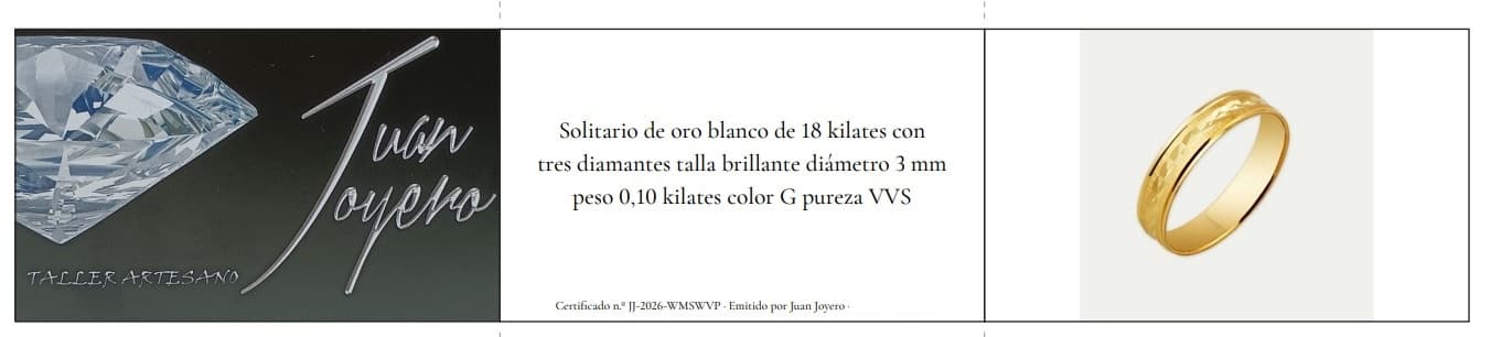 Certificado impreso de Juan Joyero: portada con el logo, descripción de la joya con su número único y fotografía