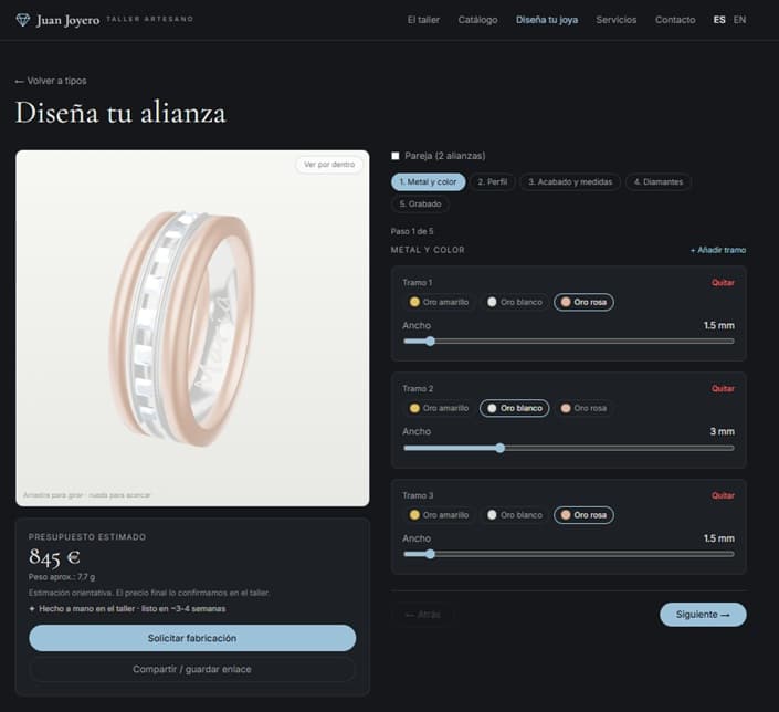 Diseñador de alianzas en 3D: pareja de alianzas por tramos de oro rosa y blanco, con presupuesto estimado al momento
