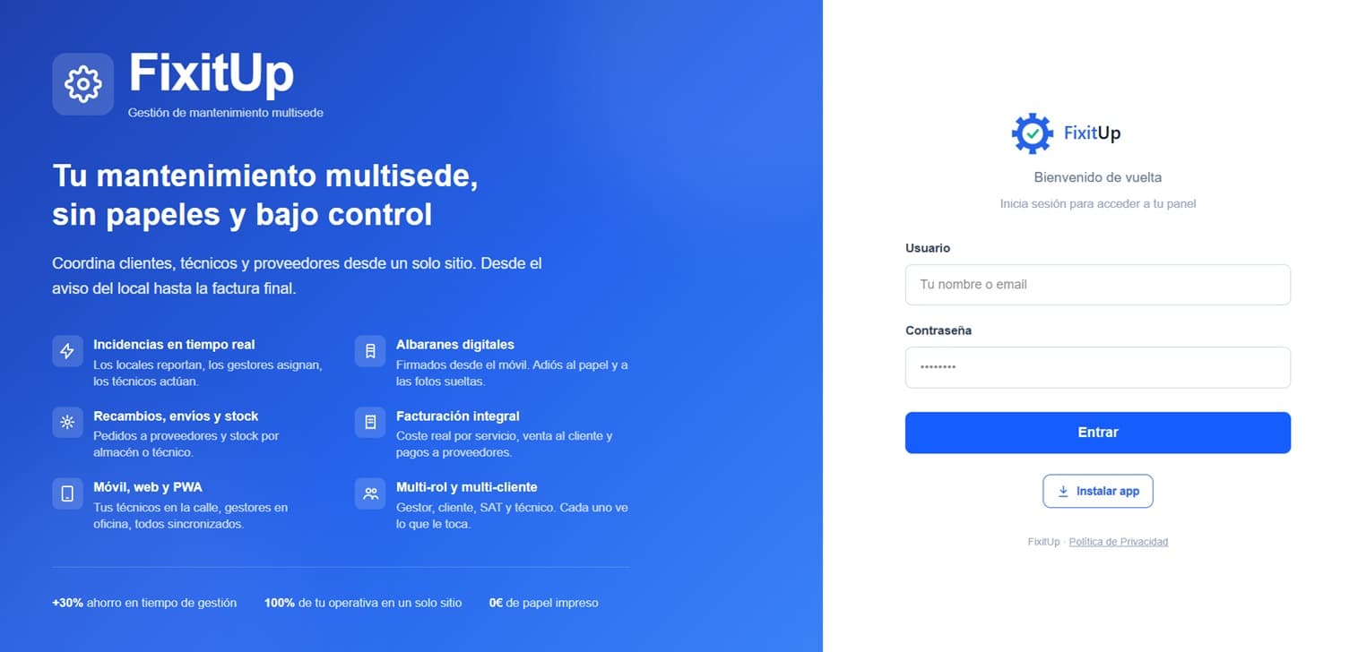Portada de FixitUp Operations: acceso a la plataforma y resumen de lo que resuelve, de la incidencia a la factura