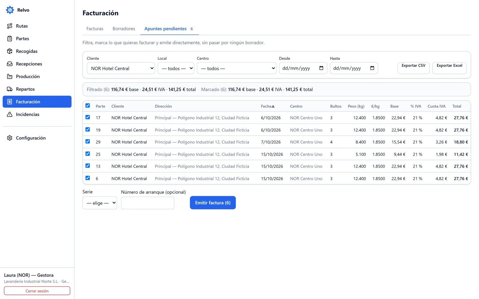 Apuntes listos para facturar, filtrados por cliente