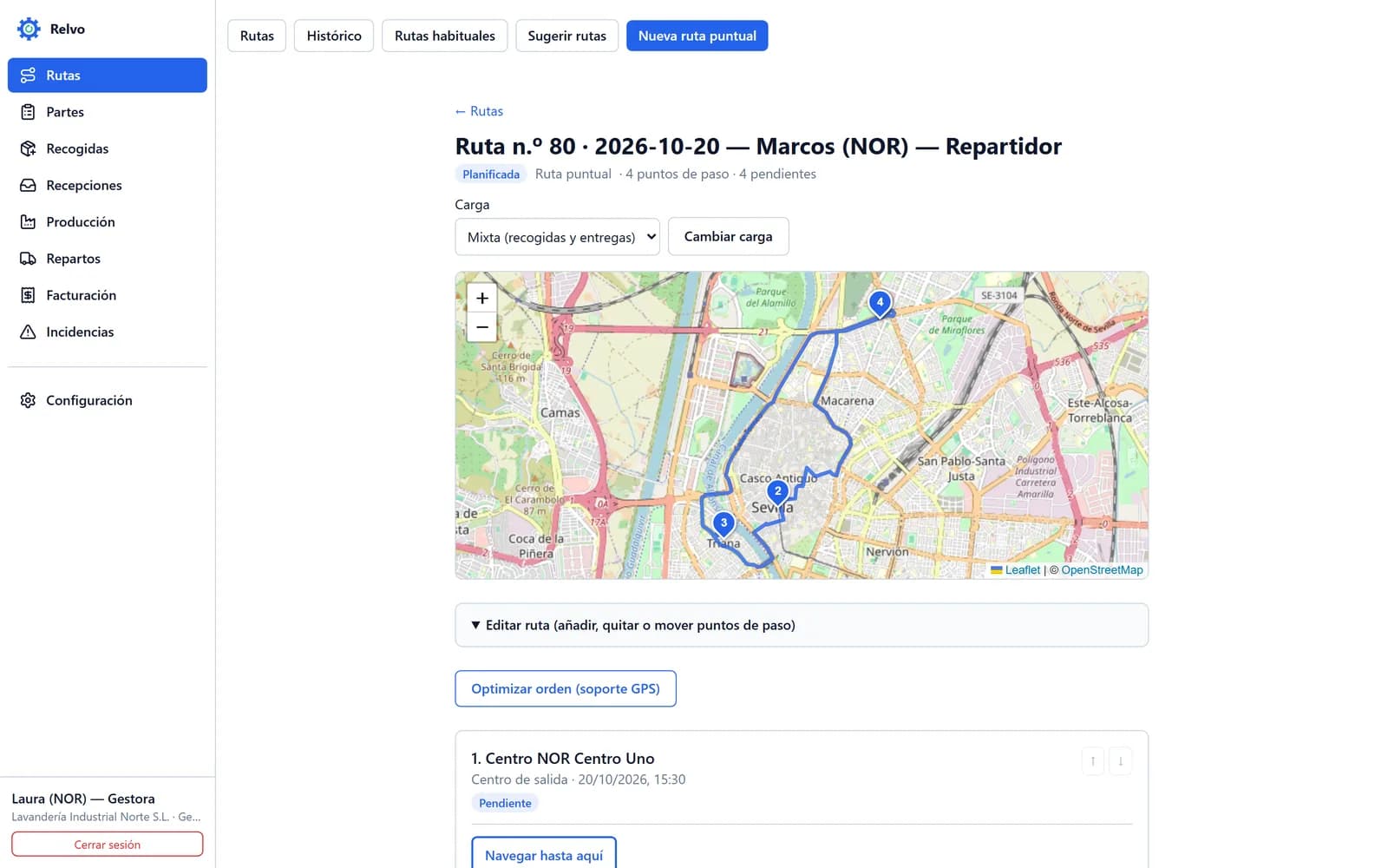 Ruta del día en el mapa, con sus paradas