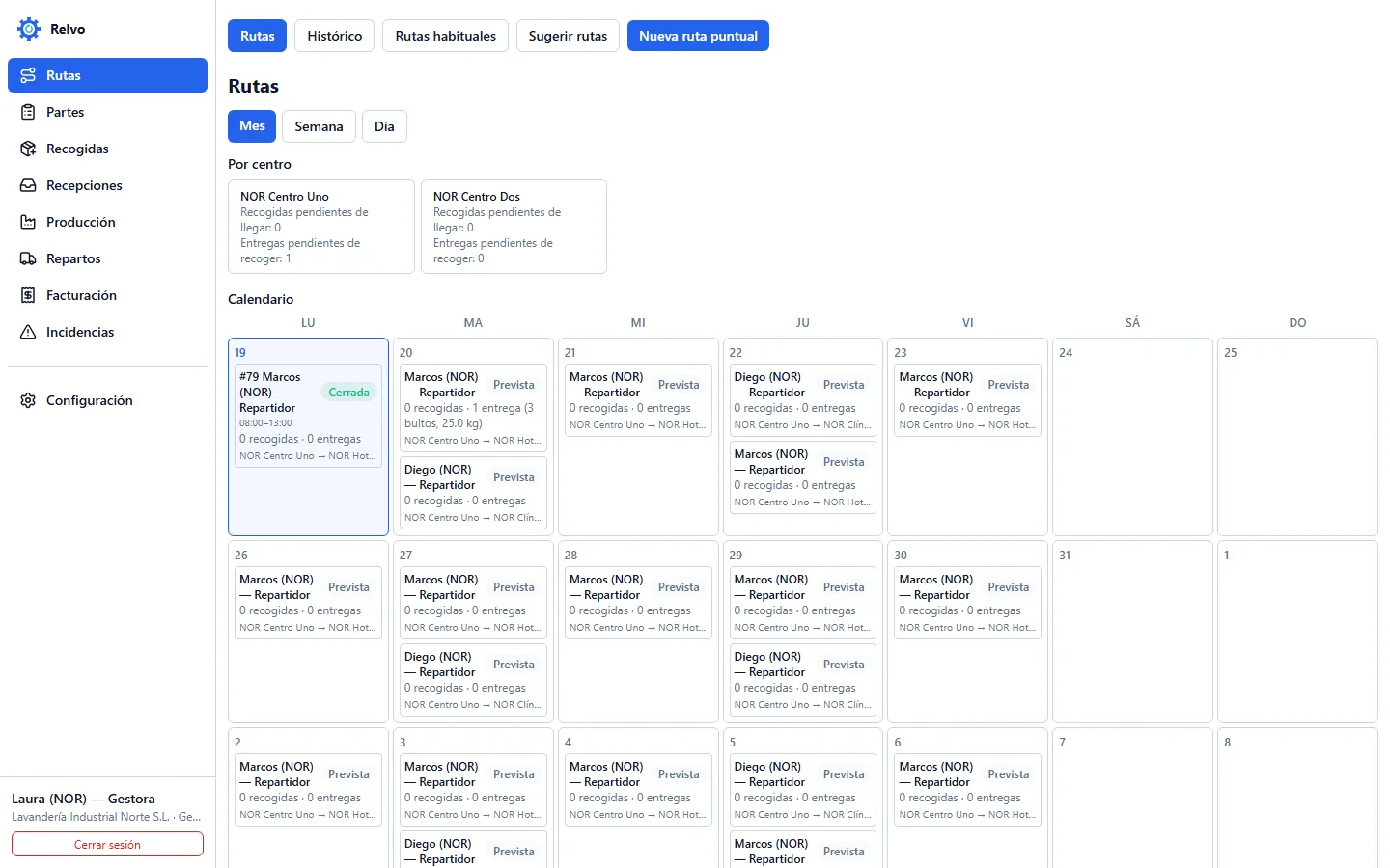 Calendario de rutas por repartidor